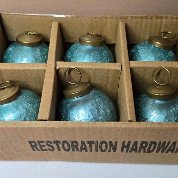 Restoration Hardware Crackle Glass Ornaments Set 6 Aqua Blue‎ Brass Cap Vintage