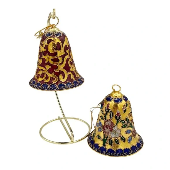 2 VTG Cloisonné Enamel Bell Ornaments Red & Gold Floral Scrollwork Gilt Brass 3