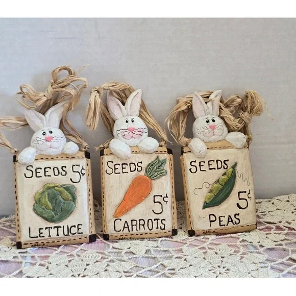 Easter Bunny Seed Packet Ornaments Hanging Set‎ 3 Raffia Bow Resin Rustic