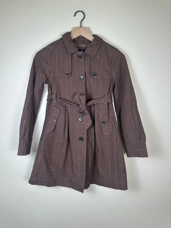 GAP Kids Girl Large Chic Old Money Plaid Brown Tie Waist Trench‎ Coat