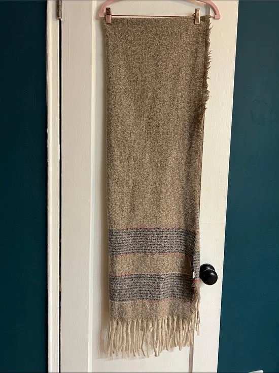 Neutral Brown Fringe Wool Blend Scarf