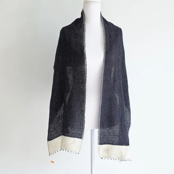 Kobo Oriza Japan Cream/Navy Knit Lightweight Rectangle Scarf Unisex