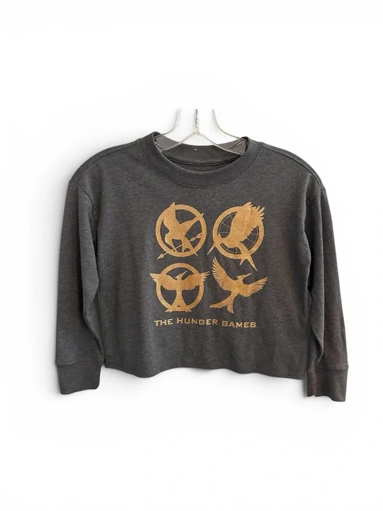 GAP Kids Hunger Games Girls long sleeve Tee Gray Gold SMALL 6-7 Cotton Shirt NWT