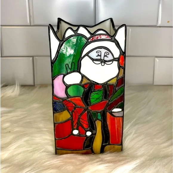 Vintage Stained‎ Glass Santa Christmas Candle Holder