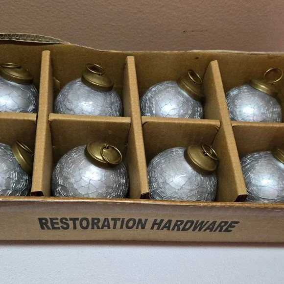 Restoration Hardware Silver Crackle Glass Christmas Ornaments Set of 8 Brass Cap