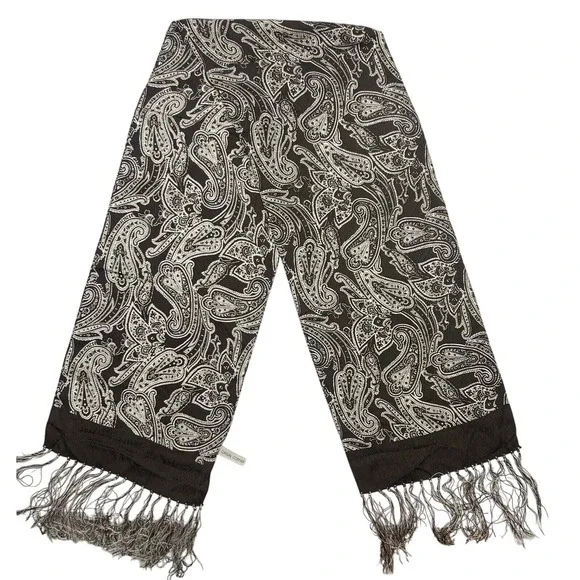 Casual Corner 100%‎ Silk Scarf Brown White With Fringe 54 in Length 10 in Wide