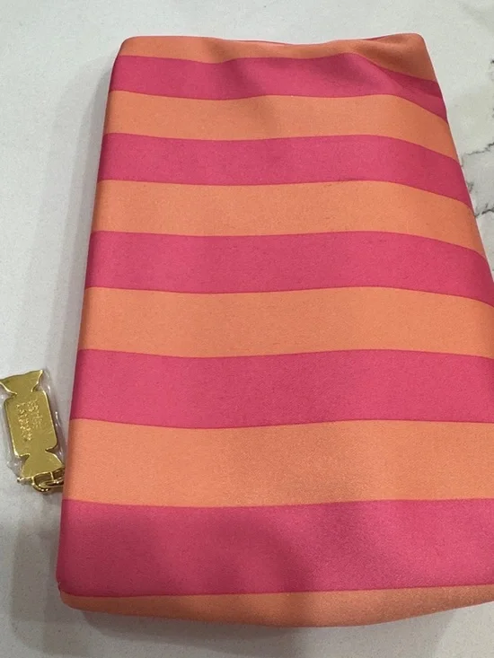 ESTEE LAUDER Pink Coral Striped Satin Pouch with Gold Hardware