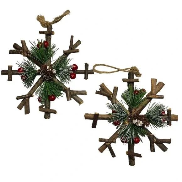 Set of 2 Rustic Twig Snowflake Ornaments Pinecone Berry Christmas Decor 6.5