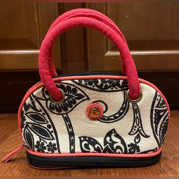 Spartina 449 Purse Cosmetic Bag Mini Bowler Beige/Black/Pink Linen/Leather