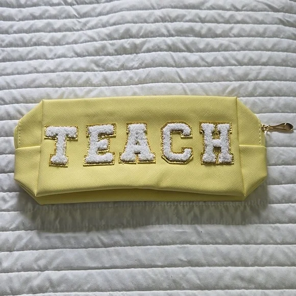 TEACH pouch with zipper chenille letters NWOT MATERIAL easy wipe off pale yellow
