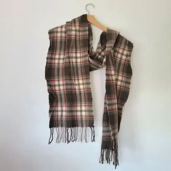 Pendleton Multicolor Plaid Wool Scarf Fringe Green Red Brown Autumn Unisex