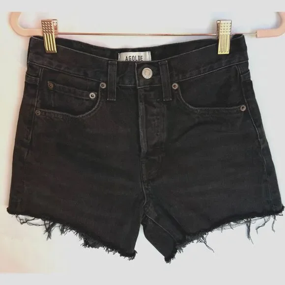 AGOLDE Parker Long Frayed Hem Button Fly Black Denim Cutoff Shorts Size 23