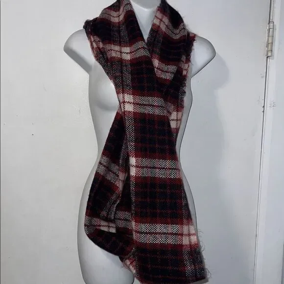 LOFT Maroon, Black and White Brushed Plaid Infinity Scarf