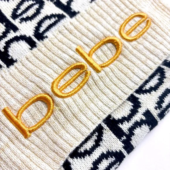 Bebe Y2K‎ Black, Cream & Metallic Gold Logo Scarf Warm Knit Scarf
