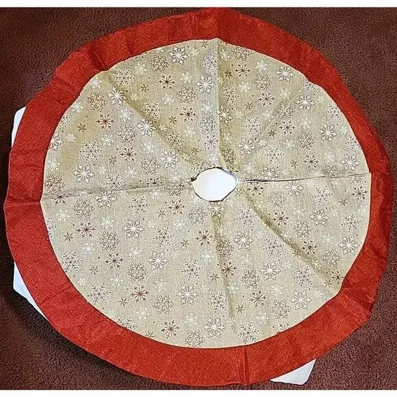 Christmas Tree Skirt Burlap Red Brown Snowflakes 34