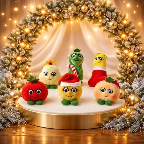 Vintage 1991 Del Monte Country Yumkins Christmas Googly Eyed Plush Ornament Set