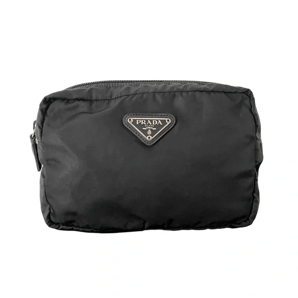 Prada black nylon and leather triangle logo vintage cosmetic zip pouch