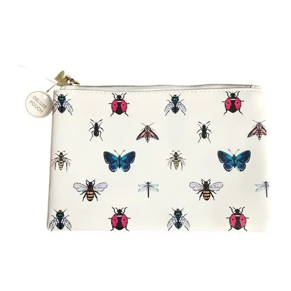 Deluxe Cream Pouch with Insect Butterfly Design Faux Leather Cosmetic Bag NWT