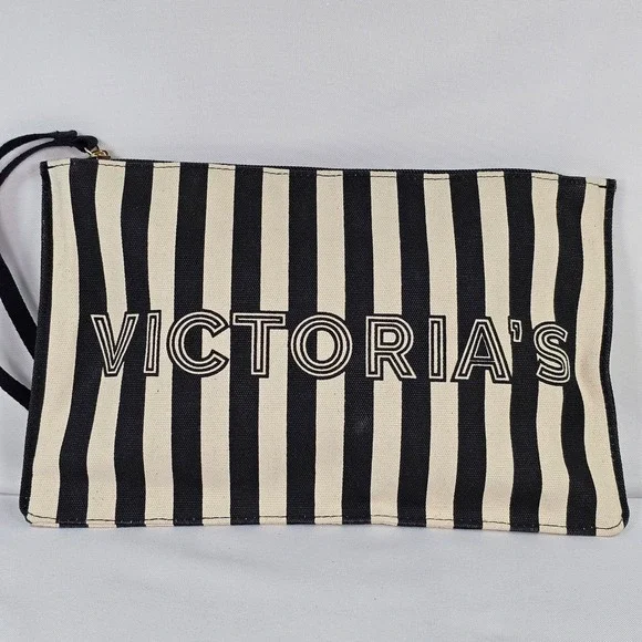 Victorias Secret Black White Striped‎ Canvas Makeup Bag Wristlet Pouch Large