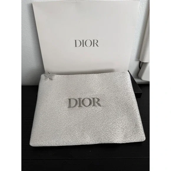 Christian Dior Parfums Silver Metallic Trousse Pouch Cosmetic Bag with Box