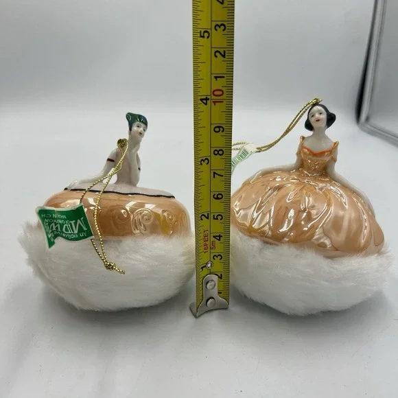 VTG Midwest Cannon Falls Porcelain Ornaments Set of‎ 2 Lady & Harlequin NWT