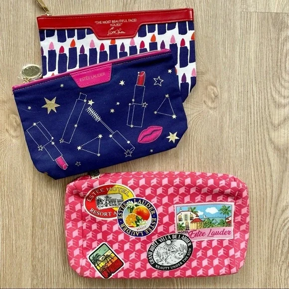 Estée Lauder Makeup Cosmetic Bag Set - 3pc Lot, Travel & Zipper Pouches