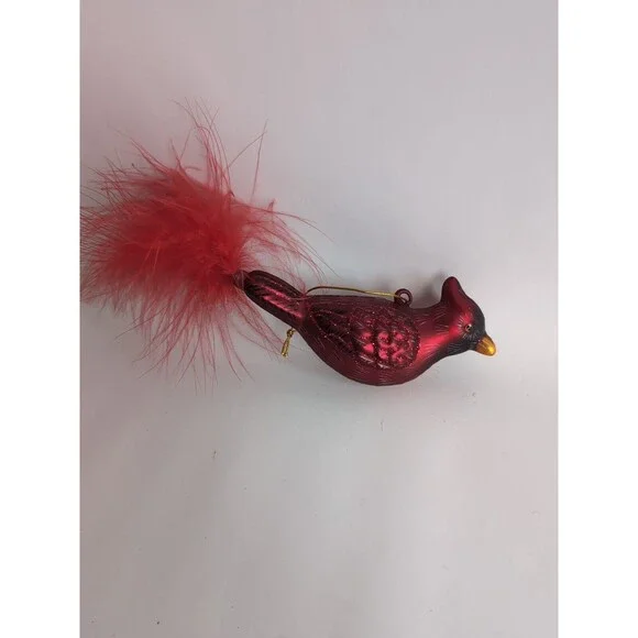 Cardinal Bird Christmas Ornament Red Feather Tail  Blown Glass Dept 56
