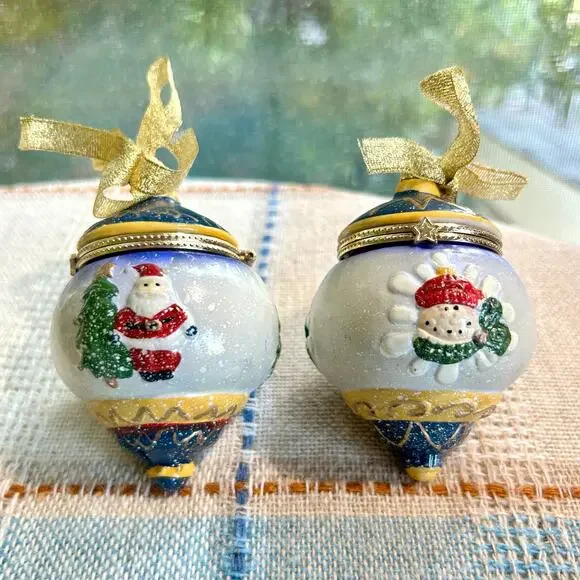Vintage Christmas Ornament Hinged Porcelain Trinket Boxes – Santa & Snowman