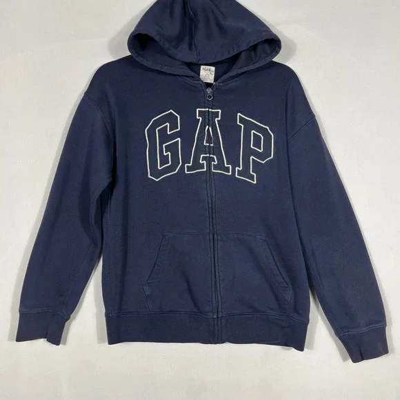 Vtg Y2K Gap Zip Up‎ Logo Hoodie Sweatshirt Kids XXL 14/16 Navy Blue Distressed