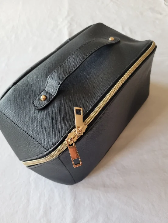 CHICOs Women's Black Leather Travel Dopp Kit with Gold Hardware And Leopard Line