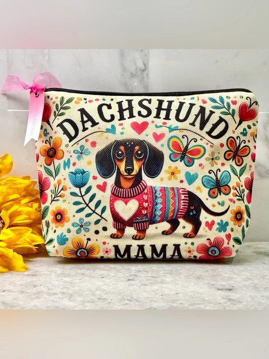 New Dachshund Mama Makeup Charger Dog Supplies Zippered Bag w/ Charm - 9.5”