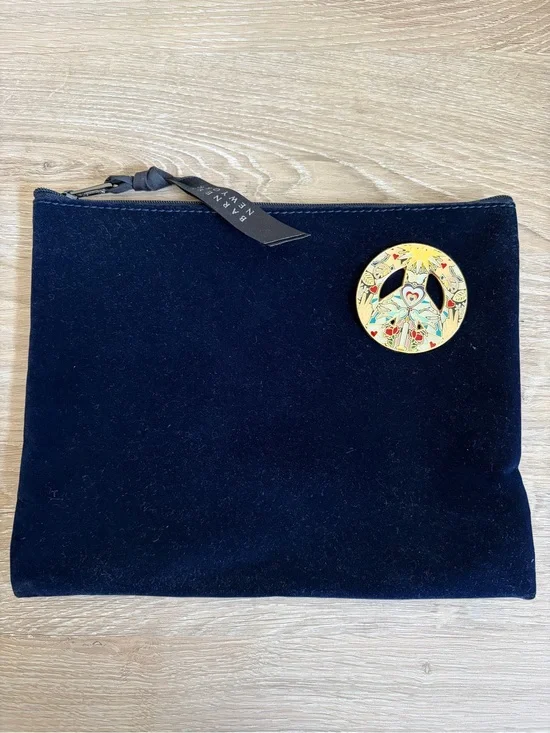Barneys New York Blue Velvet Metallic Peace Pin Pouch Bag Cosmetic Case