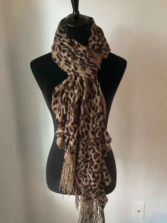 EUC Leopard Print Fringe Scarf - Brown