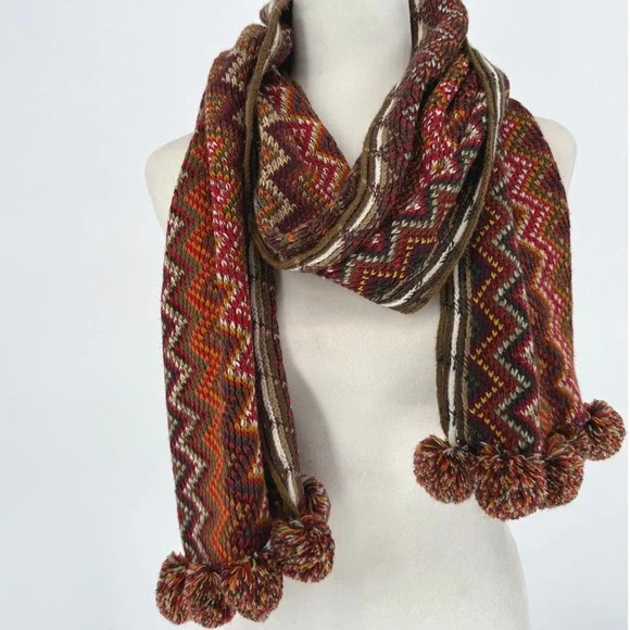 Cato Women's Cozy‎ Knit Scarf Chevron Pattern Pom Pom Tassels One Size