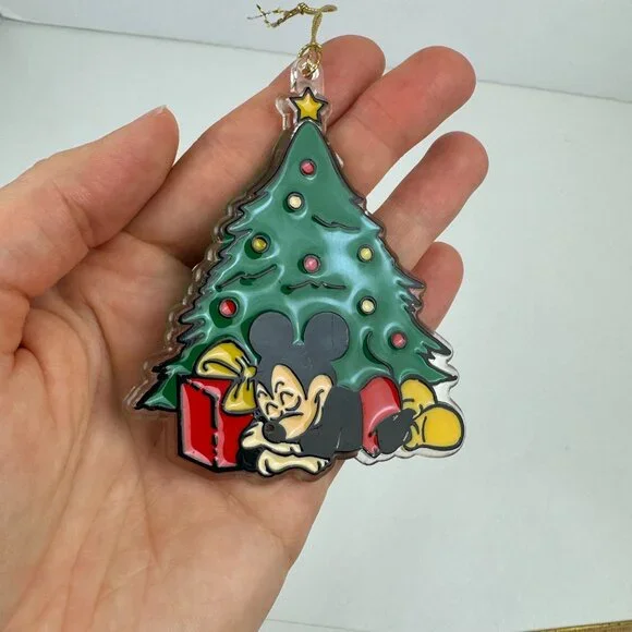Vtg Mickey Mouse Sleeping‎ Under Christmas Holiday Tree Ornament Disney Plastic