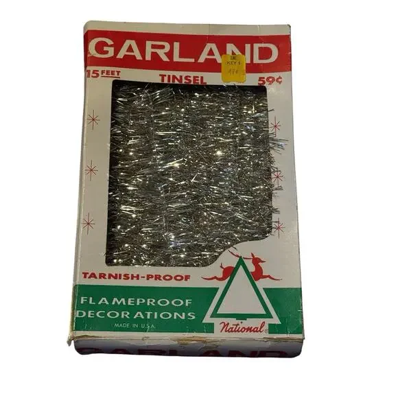 VTG Silver Christmas Garland National Tinsel Co USA Boxed MCM Holiday‎ Decor