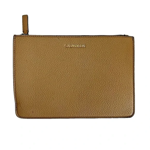 Calvin Klein Tan Faux Leather Zip Pouch Clutch Cosmetic Bag  6.5‎ x  9.5