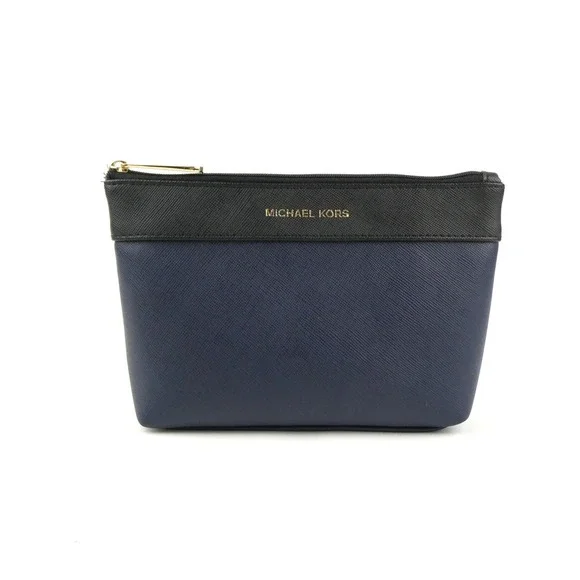 Michael Kors Black Navy Leather Cosmetic Zipper Pouch Case