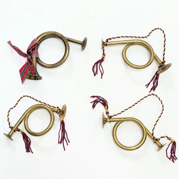 Brass Bugle French Horn Christmas Tree Ornament Decor Vintage Miniature Lot of 4