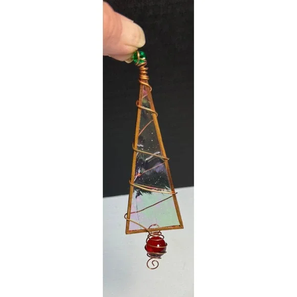 Stunning Iridescent Stained Glass Christmas Tree Ornament with Red Jewel Accent