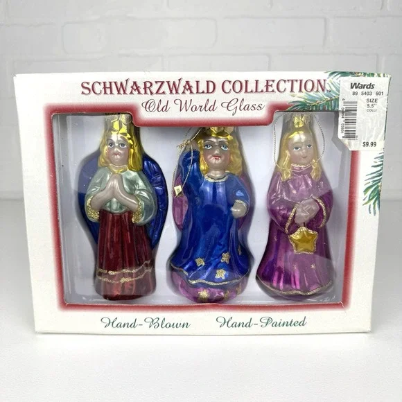 1998 NOS Schwarzwald Hand Painted Glass Christmas Ornaments 3 Blonde Angels 5.5