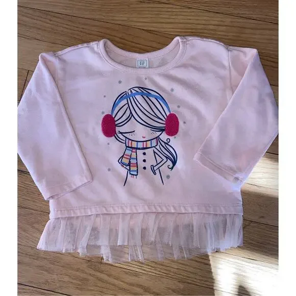 Gap Baby Girls Pink Winter Girl Graphic Tulle Hem Sweatshirt 12-18M