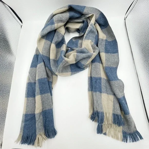 Unisex Fringe Scarf Blue Beige Viscose Plaid Long Rectangular 82 X 24.5 Inches
