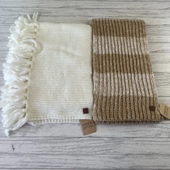 Frye and Co Womens Scarves Garter Fringe Ivory Sparkle Mouline Striped Lot Of 2‎