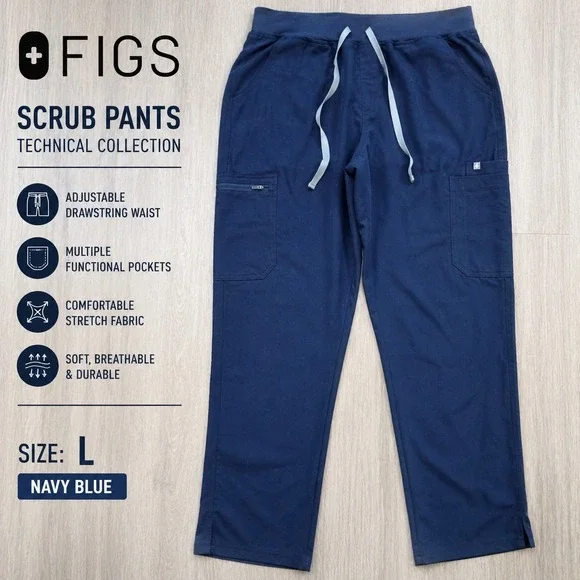 FIGS Scrub Pants Navy Blue L‎ Technical Collection Drawstring Pockets