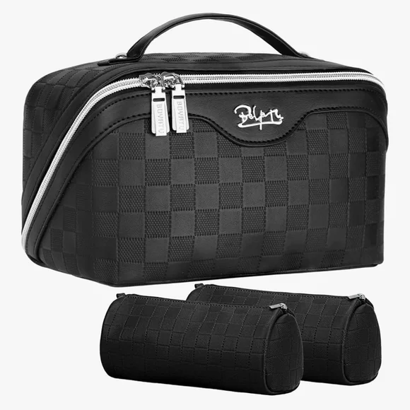 Black Checkered Toiletry Bag With Multiple Compartments