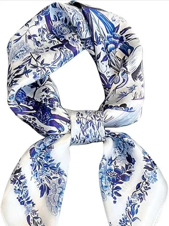 Blue Lightweight Satin Floral Neck Scarf  Bandana