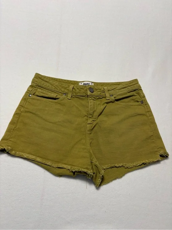 PAIGE Lola Short Olive Green Frayed Hem Denim Shorts