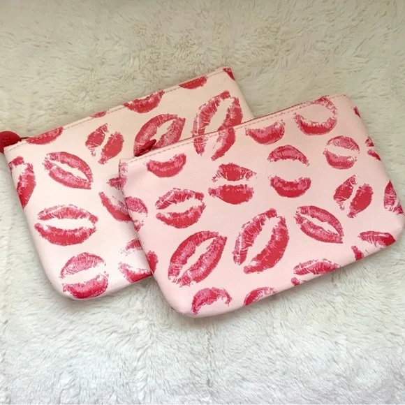 Ipsy Bags Red Lip Kisses Print Set of 2 Multipurpose Cosmetic Bags Bundle of 2