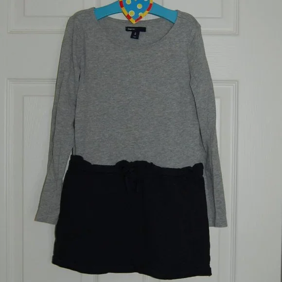 GAP Girls Size M (8), Long Sleeve Cotton Dress, Gray (Top) & Navy (Ski…